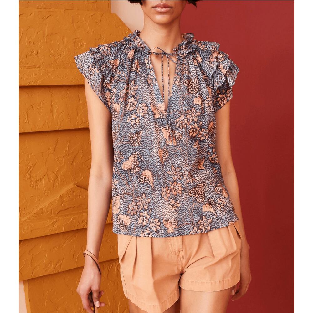Ulla Johnson Alva Top Aegean Ruffle Peasant V-Neck Cotton Blend SZ 14